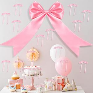 Riceshoot Pink Satin Bows Set 2 Sizes 45 Pcs Wall Decoration, 16''x 32'' Big Bow and 24 Pcs 5''x7'' Ribbon Twist Tie DIY Photo Backdrop for Birthday Wedding Holiday Coquette Party Room Decor