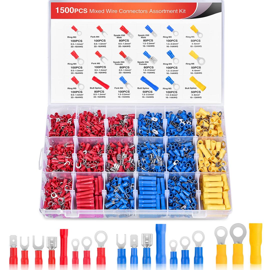 Nilight 1500pcs Mixed Quick Disconnect Crimp Connector Butt Splice Ring Fork Spade Bullet Piggy Back Assortment Kit 22-10 AWG Insulated Wire Terminal for Automotive Wiring