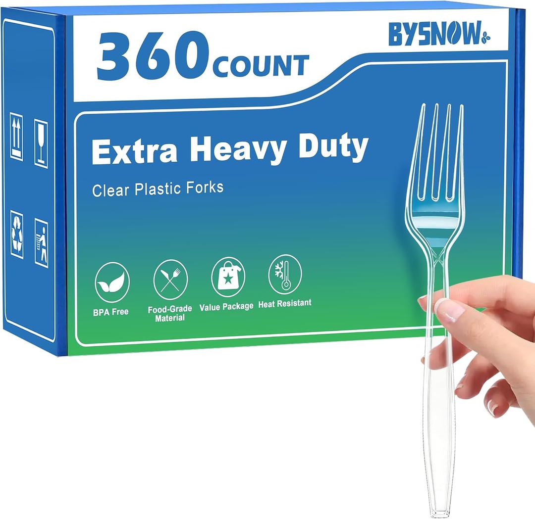 BYSNOW 360 Count Clear Disposable Plastic Forks Heavy Duty Cutlery Set