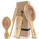 Combeter Bamboo Hair Brush and Comb Set (4PCS) Natural & Eco-Friendly Detangler Comb for Women, Men & Kid, Reduces Frizz, Promotes Healthy Hair Growth Wooden Paddle Brush with Scalp Massage