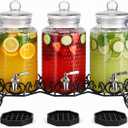 Triple 1 Gallon Glass Beverage Dispenser Drink Station with Stainless Steel Spigots, Handmade Metal Stand & Drip Trays – Hammered Drink Dispensers with Chalkboard Labels for Parties, Juice, Tea