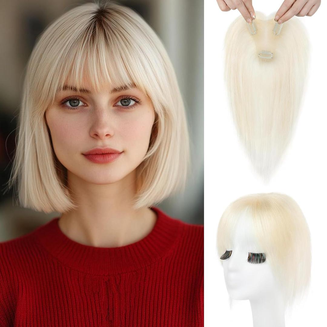 REECHO Hair Toppers for Women Real Human Hair, Seamless Human Hair Toppers with Bangs, 360 3D Cover Clip in Bangs Hair Extensions for Daily Wear, White Blonde