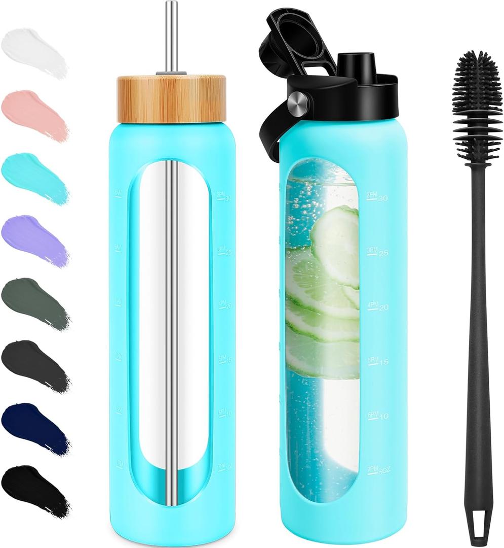 FULBEVY 32 oz Glass Water Bottles - 1 Liter Motivational Tumbler Water Bottle Time Marker - Borosilicate Glass Water Bottle With Silicone Sleeve and 2 Lids, Handle Spout & Bamboo Straw Lid