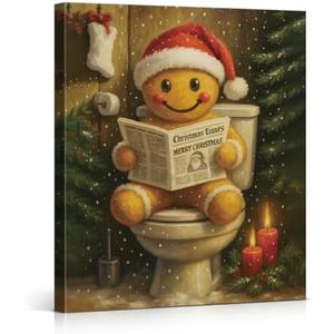 Funny Gingerbread Christmas Bathroom Wall Art Cute Gingerbread Toilet Artwork Vintage Christmas Bathroom Wall Decor for Restroom Washroom 8x10 Inch Canvas Framed