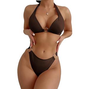 SweatyRocks Women's Ring Linked Halter Push Up Bikini Swimsuit High Stretch Bathing Suit Swimwear Set Swimming Suit Two Piece Dark Brown Small