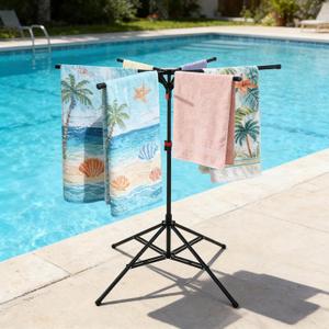 Pool Towel Rack Outdoor Adjustable 51-71 Inch Freestanding 4-Leg Clothes Outdoor Pool Towel Rack Float Storage Rack with 6 Foldable Arms for Towels Clothing Swim Rings Goggles