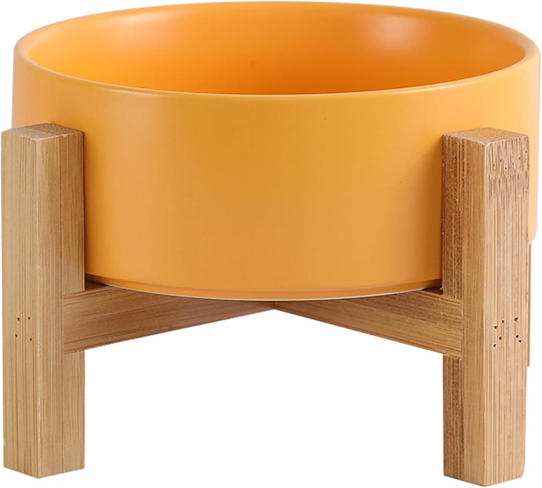 Elevated Ceramic Cat Bowl - Cat Food Bowl with Bamboo Stand - Raised Dog Dish for Puppies - Anti Vomiting, Stress Free - 13.5 oz / 400 ml - Yellow (Small)