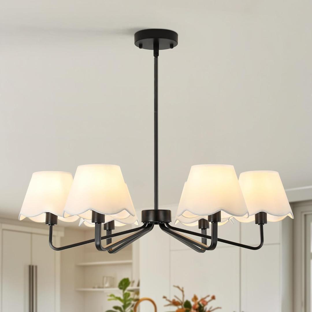 6-Light Black Farmhouse Chandelier with White Fabric Shade, Black Light Fixture for Dining Room Kitchen Island Living Room Entryway.E12.