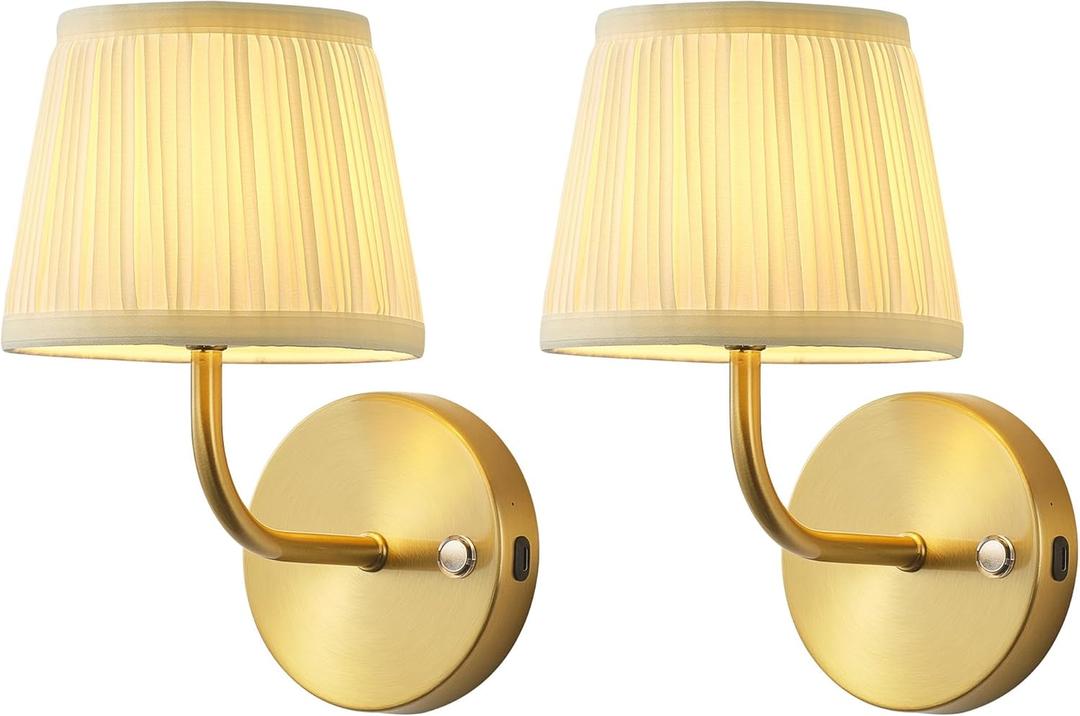 PUSU LED Cordless Gold H9.6 inch Small Wall Sconces Set of 2, Rechargeable 5200mAh Battery Operated Fabric Wall Lamp with Remote, Lighting for Living Room, Bedroom, Hallway, Bathroom, Stairs, Kitchen