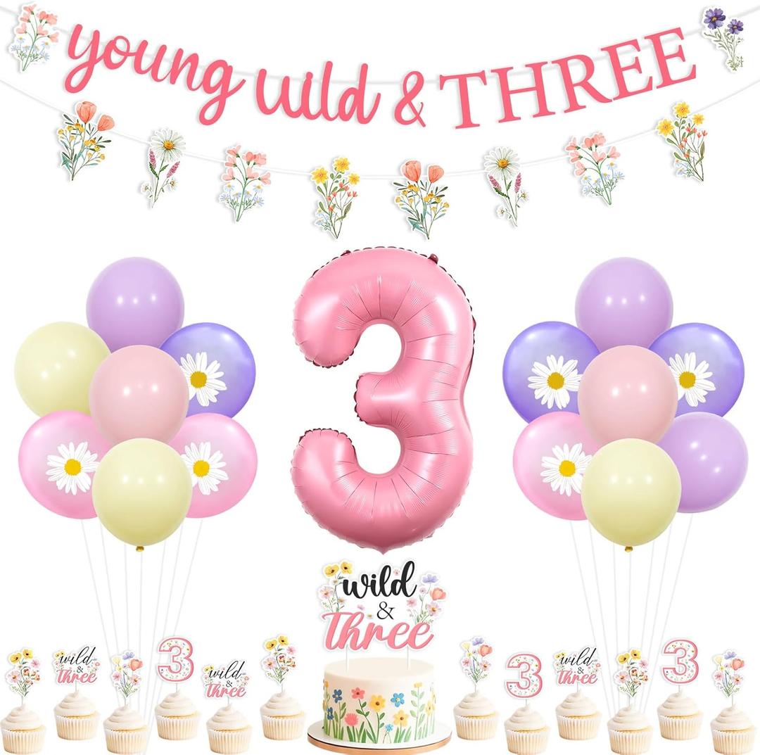 Jollyboom Wildflower 3rd Birthday Party Decorations, Young Wild and Three Decorations Banner Garland Cake Cupcake Toppers Number 3 Foil Balloons for 3 Year Old Girl Flower Floral Daisy Party