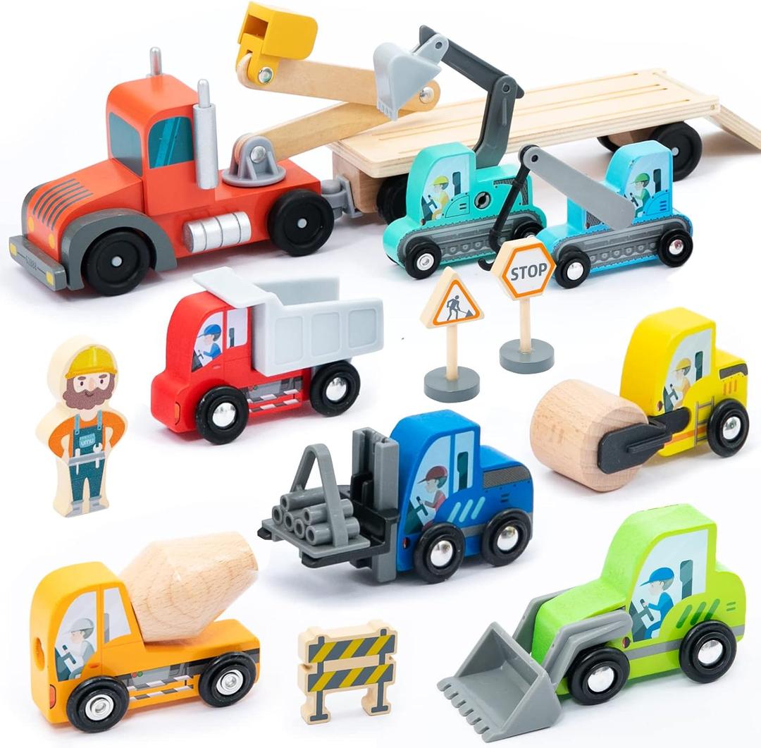 umu Construction Toy Cars 14 PCS Wooden Kids Mini Vehicles for Toddlers, Compatible to Thomas Train Toys Railway and Major Brands, Best for 3 to 5 Year Old Boys and Girls
