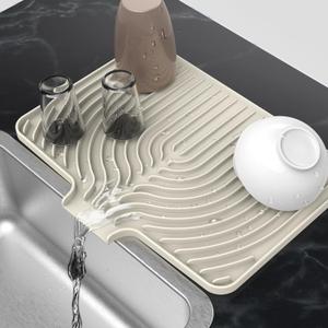 Silicone Drying Mat for Kitchen Counter , Dish Drying Rack Matt with Built in Drain, 18 Inch Dry Mats for Dishes Drying Pad for Kitchen Counter (18×12inch, cream)