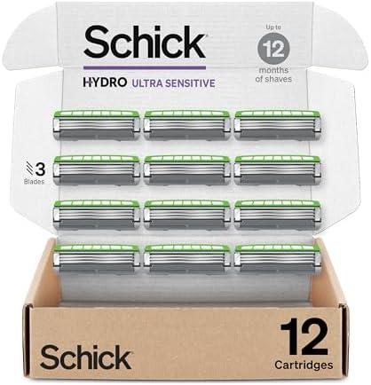 Schick Hydro Ultra Sensitive Razor Refills, 12ct | 3 Blade Razor Heads for Men, Shaving Blades, 12 Refills
