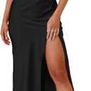 Summer Satin Spaghetti Strap Backless Maxi Dresses for Women 2026 Sexy Square Neck Ruched Slit Wedding Guest Midi Dress (Black, M)