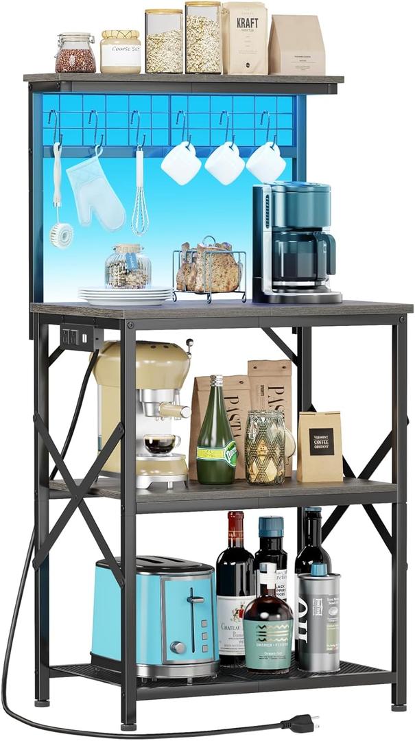 Furologee Bakers Rack with Power Outlet and LED Light, Small Coffee Bar Station with 4 Tier Shelves, Microwave Stand Table with 6 S Hooks, Kitchen Storage Rack for Spices, Pots, Black Oak