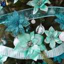 Winlyn 26 Set 3 Style Christmas Glitter Poinsettia Flowers Picks Xmas Tree Ornaments and 2 Rolls 20 Yards Decorative Wired Ribbon for Christmas Tree Wreath Garland (Teal)