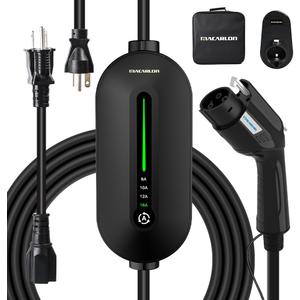Level 1&2 EV Charger, Electric Vehicle Portable Charger, 8-16A Adjustable,with 25FT Cable, 110V-240V J1772 Electric Cars,NEMA 6-20 & NEMA 5-15 Plug, 3.84KW, IP66 Waterproof (Black)
