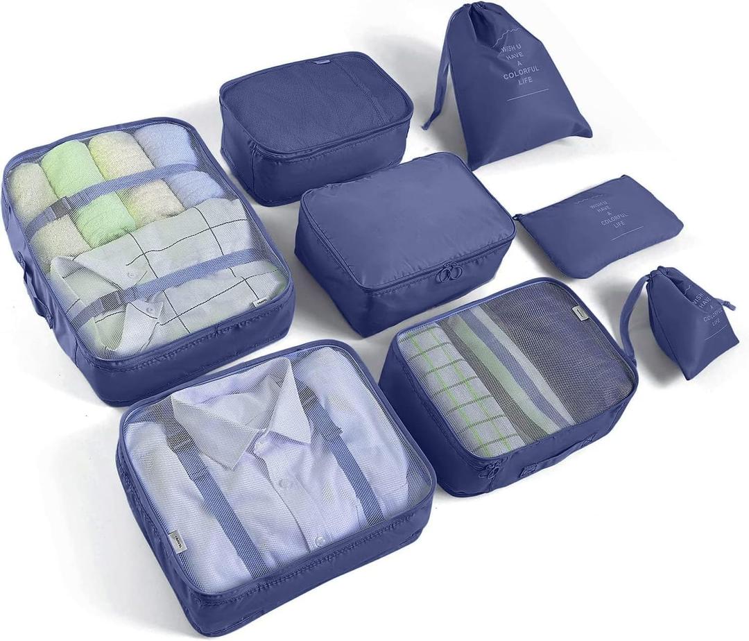 8 Set Packing Cubes for Suitcases Travel Luggage Packing Organizers,Travel Essentials Accessories Luggage Organizer with Shoe Bag Tioletry/Laundry BagDark Blue