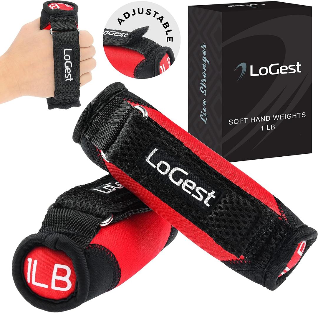 LoGest Soft Hand Weights Adjustable Straps - Comes in 1LB Weights or 2LB or 3LB 4LB - Comfortable & Secure Weighted Neoprene Dumbbells with Straps for Walking Running Cardio Workout Physical Therapy (Red)