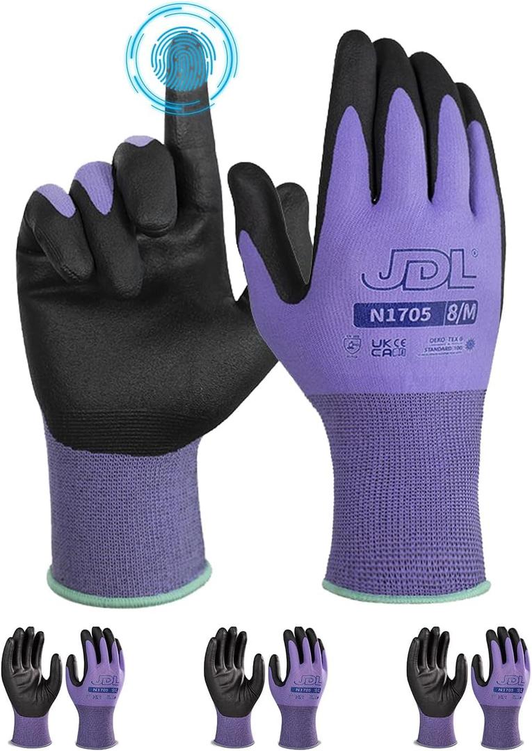 JDL 3 Pairs Microfoam Nitrile-Coated Nylon Work Gloves for Women & Men, Touchscreen Safety Gloves, Lightweight & Breathable with Durable Grip for Construction, Warehouse, Mechanics, Purple, Medium