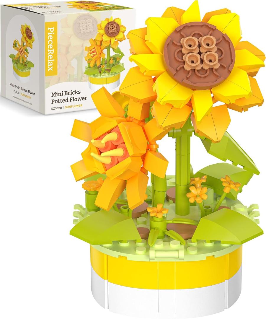 Flower Bouquet Building Decoration Set Artificial Flowers Mini Bricks Potted Sunflower Home Accessories or Best Gift Valentine Dcor for Him and Her Botanical Collection for Adults [KZ1028]