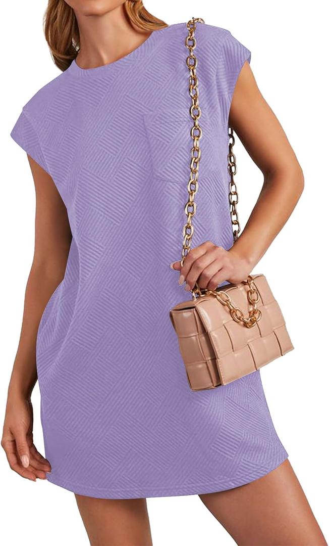 Poetsky Women's Summer Casual T Shirt Dress Short Cap Sleeve Crewneck Loose Basic Shift Mini Dresses (Purple, L)