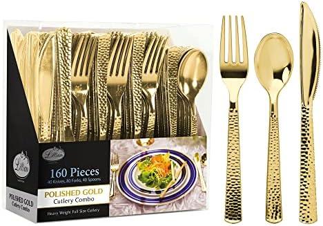 Plastic Cutlery Silverware Extra Heavyweight Disposable Flatware, Full Size Cutlery Combo, Gold Pebbled, 80 Forks, 40 Spoons, 40 Knifes, Value Pack 160 Count