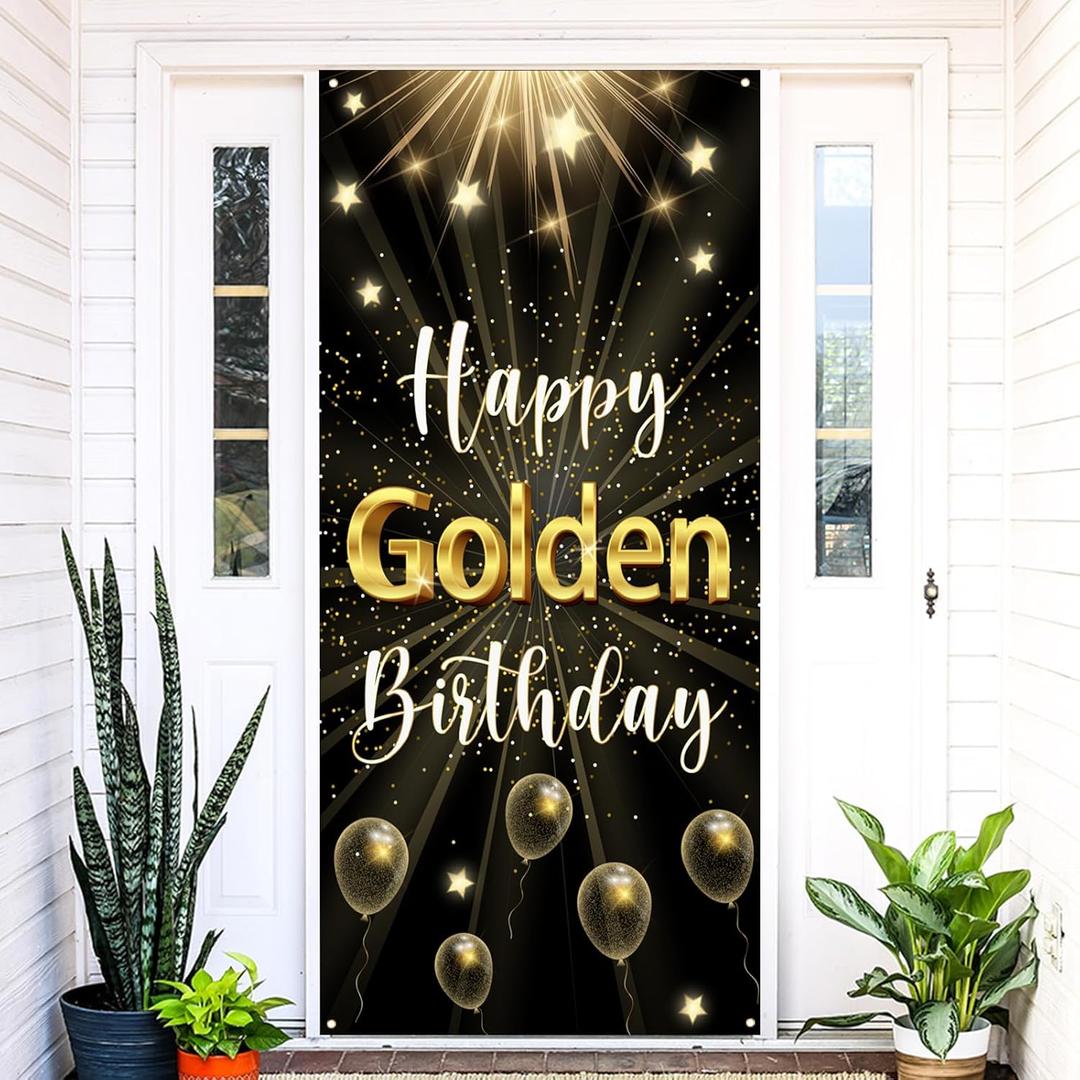 Labakita Happy Golden Birthday Banner, Golden Birthday Door Banner Decorations, 5th 6th 21st 24th 25th 28th 30th 50th 60th Bday Party Sign