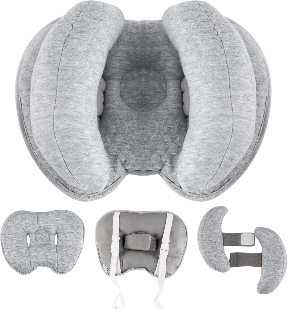 KAKIBLIN 2 in 1 Baby Head Pillow with Banana Neck Pillow for 3 Months to 1 Years Baby Travel Pillow for Stroller or Bed (Light Grey)