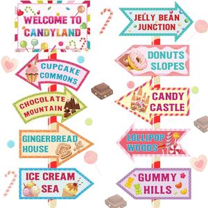 20 Pieces Candyland Decorations Welcome to Candyland Signs Candy Party Decorations for Kids Girls Candy Land Themed Birthday Party Halloween Christmas Trunk or Treat Car Decorations