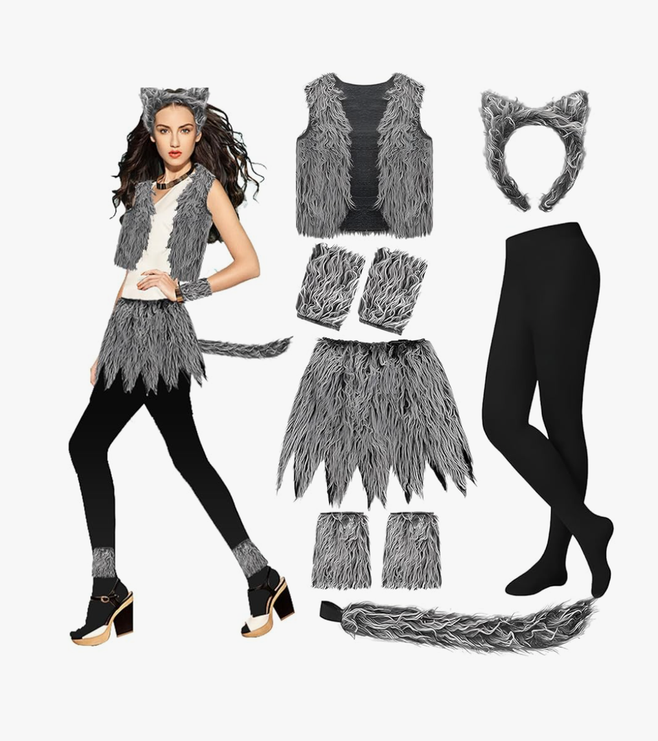 Hyuetrsa7Pcs Wolf Cosplay Costume Set Wolf Ear and Tail Costume Includes Tops Skirts Gloves Stockings and Leg Warmer for Women Men, for Halloween Werewolf Accessories Cosplay Costumes