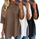 3 Pack Women's 3/4 Sleeve Waffle Knit Tops Oversized Crewneck T-Shirts Loose Casual Blouses Side Split Tees (Large, Black, White, Khaki)