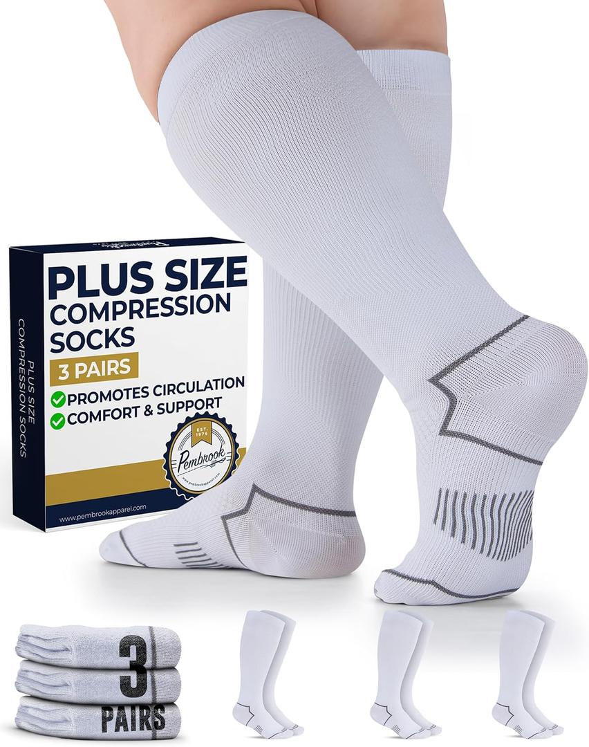 Pembrook Plus Size Compression Socks for Women Wide Calf - 3 Pairs, 20-30mmHg Extra Wide Calf Compression Socks, Up to 4XL