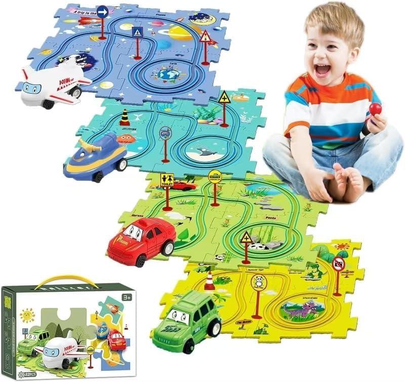 Christmas Stocking Stuffer 4 Sets 4in1 Puzzle Racer Kids Car Track Set,4 Theme Puzzle Racer Car Track Set Puzzle Track Car Play Set Puzzle Raceway Car Track Preschool Gifts for Kids Birthday Gift