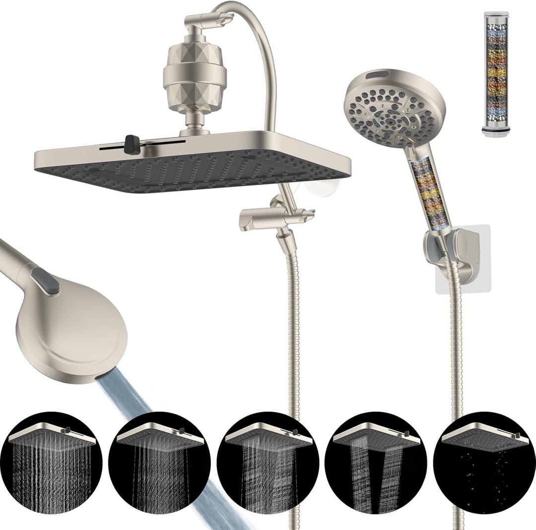 Hibbent 5-spray 13'' Dual Filtered Rainfall Shower Head Combo, High Pressure 10-setting Handheld Shower Head with 12'' Adjustable Extension Arm, 20 Stage Shower Filter, 71'' Hose, Brushed Nickel