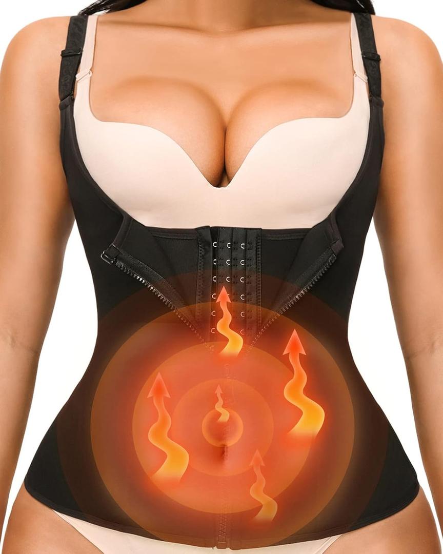 YADIFEN Waist Trainer for Women, Zipper Corset Body Shaper for Tummy Control Neoprene Cincher Sweat Sauna Vest Tank Top (Large, Black-fixed Shoulder Straps)