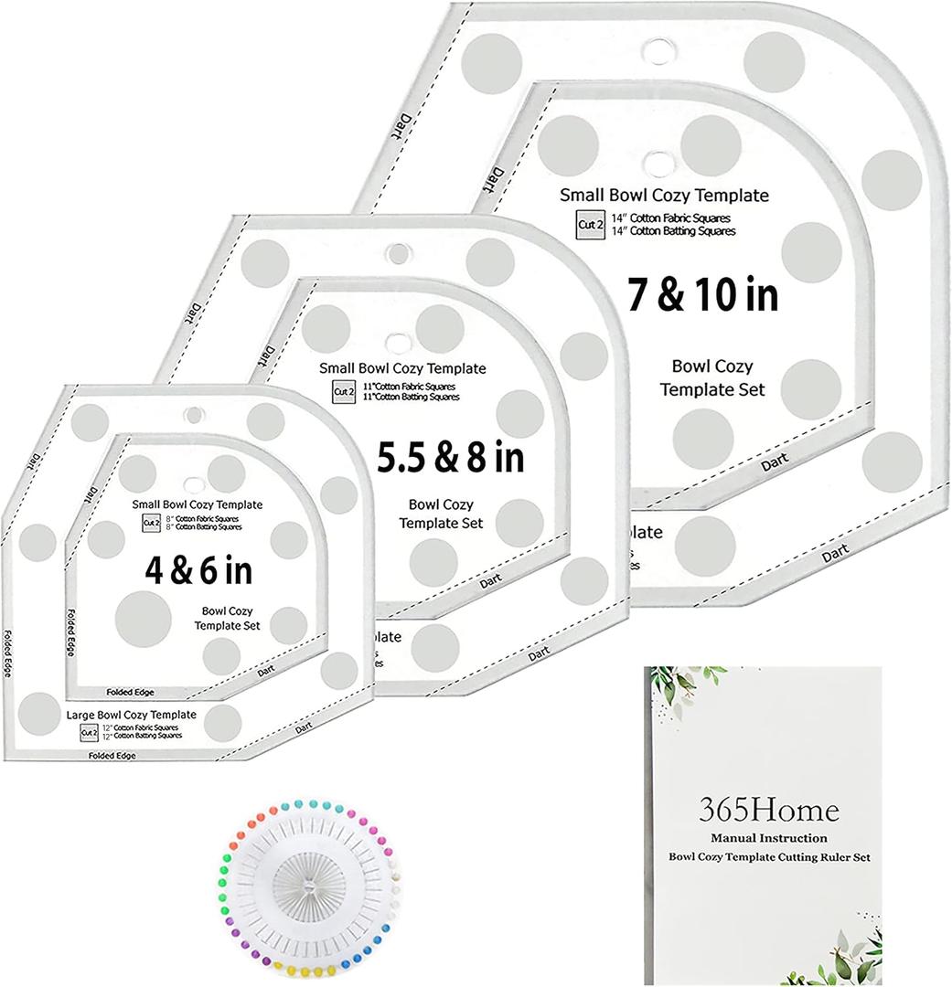 Bowl Cozy Template 3 Sizes, Bowl Cozy Pattern Template Cutting Ruler Set with 40 Pcs of Sewing Pin and Manual Instruction