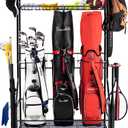 Golf Bag Storage Garage Organizer, 3 Golf Bag Stand and Sports Equipment Storage Rack for Garage with Wheels, 4 Hooks, Golf Accessories Storage Rack with Extra Golf Clubs Display Rack