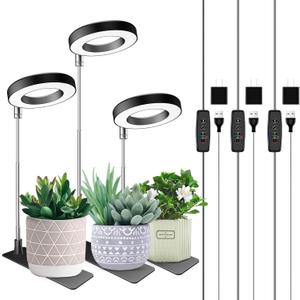 Aokrean Plant Grow Light, 48 LEDs Full Spectrum Grow Lights for Indoor Plants, Height Adjustable Small Halo Grow Light with Base, 3 Optional Spectrums, Auto Timer 3/9/12Hrs, 10 Brightness, 3 Pack (3.4in-Black)