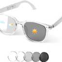 Smart Glasses for Women Men, Bluetooth Audio Glasses with Color-Changing Lenses, Open Ear Sound Speakers, Magnetic Charging, Voice Assistant, Music/Calls, Blue Light Glasses for Working Travel (Clear) (White)