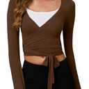 Women's Pilates Wrap Tops V-Neck Cross Tie Long Sleeve Shirt for Ballet Dance Yoga Workout, Large