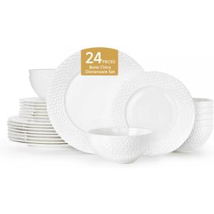 KINGSTONE Bone China Dinnerware Set, 24-Piece White Porcelain Tableware for 8, Hammered Rim Plates and Bowls, Microwave and Dishwasher Safe, Elegant Dish Set for Wedding, Family & Restaurant