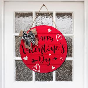 Namalu Happy Valentine's Day Door Sign Decorations Red Heart Wooden Door Hanger Valentines Hanging Ornaments Plaque with Bow Wreath for Indoor Outdoor Home Wall Porch Window Decor(Round)