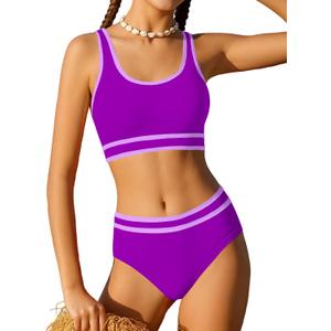 Girls Swimsuit Double Strap High Waist Sporty Bikini Swimsuits Swim Cover Up Skirt 3 Piece Set (15-16 Years, Dark Purple)