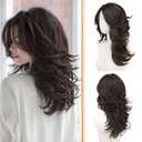 Haloo Brown Layered Wigs with Curtain Bangs Lace Front Hairline Long Wavy Natural Looking Middle Part Synthetic Hair Wig for Women Daily Party Costume, 20 Inch Dark Brown