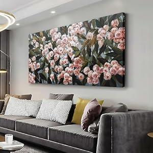 Floral Wall Art Red Flowers Green Leaves Flower Picture Vintage Wall Decor Abstract Canvas Painting Framed Artwork for Living Room Bedroom Office Home Decor 29x58 Inch