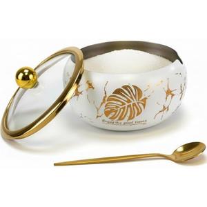 Phininia 15OZ Sugar Bowl with Glass Lid and Spoon, Sugar Container of Coffee Bar Accessories, Stainless Steel Jar for Salt, Tea, Sugar Cube, Dishwasher Safe, White