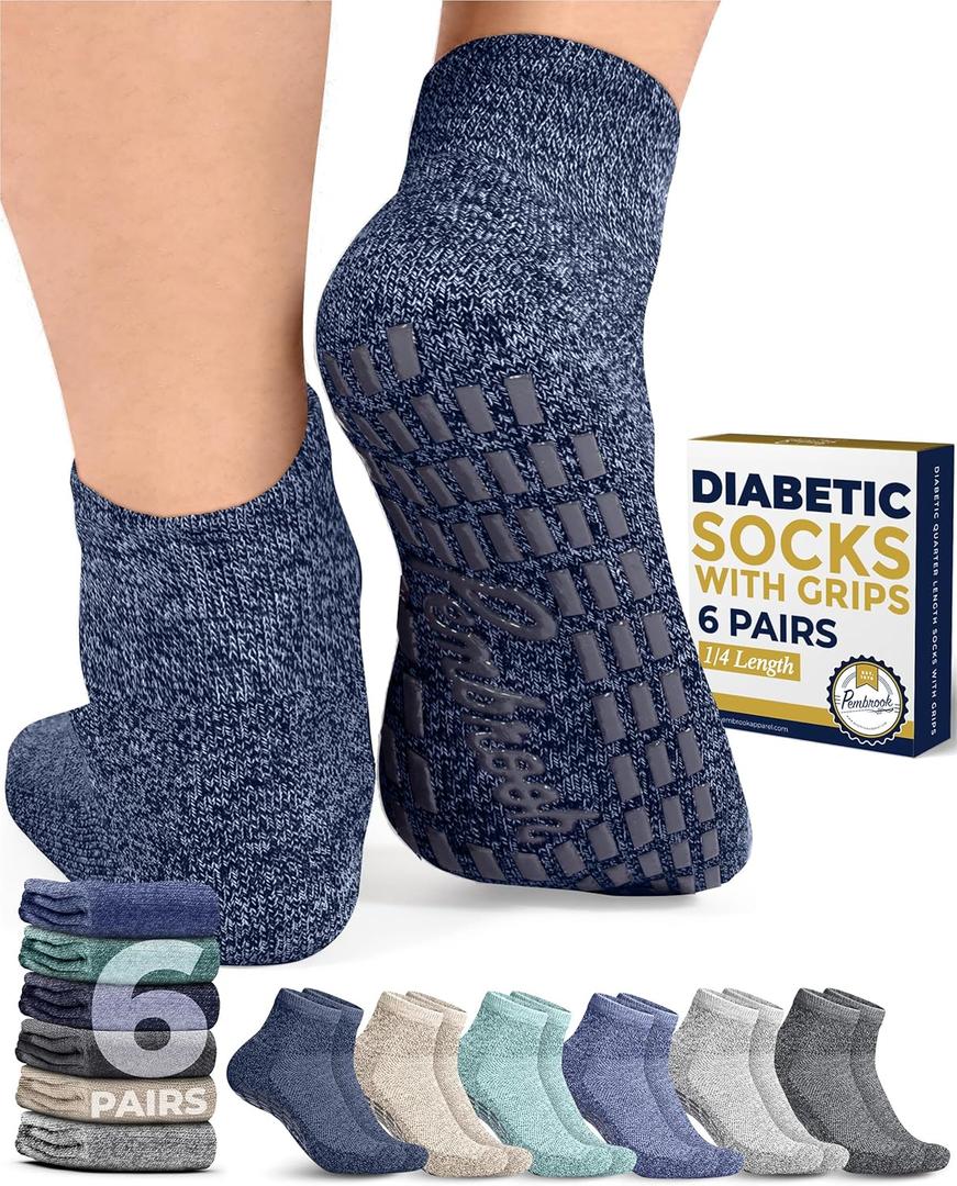 Pembrook 6 Pairs Diabetic Ankle Socks for Men & Women with Grips - 12 Colors Neuropathy Socks for Men | Non Slip | Edema (Large, Blues & Neutrals Pack - 6 Pairs)
