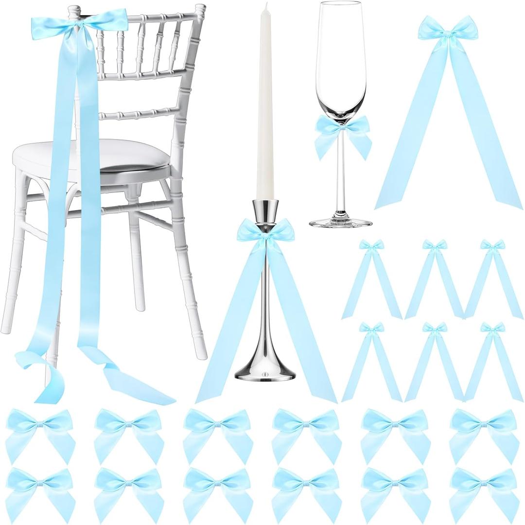Vesici 60 Pcs Blue Satin Ribbon Bows Blue Baby Shower Bows Adhesive Premade Satin Chair Sashes Large Coquette Decoration for Gift Wrapping Candlestick Wedding Bridal Shower Bachelorette Party