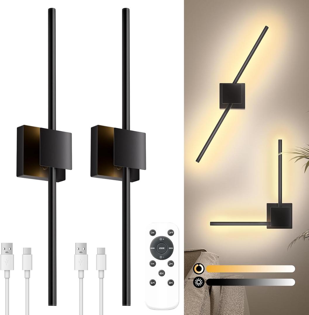 Torchlet Battery Operated Wall Sconces with Remote Control, Dimmable Wall Sconces Set of Two with DIY Independently Rotatable Lamppost, 3000K-6000K LED Wall Lights for Living Room, Bedroom, 28.3 Inch (Black)